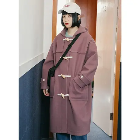 omont蛋挞家 复古黑色牛角扣大衣女宽松中长款毛呢外套保暖秋冬季商品大图