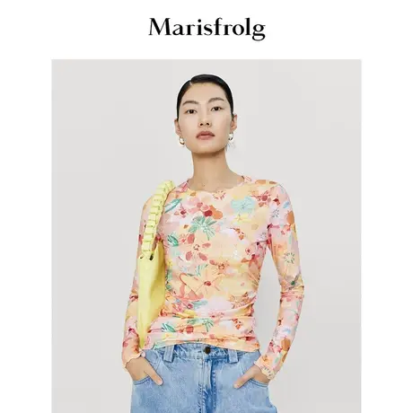 【花稿印花系列】玛丝菲尔t恤23春季新款修身长袖打底衫女上衣图片