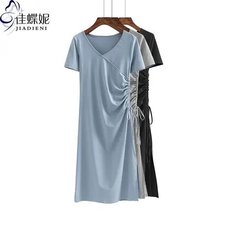 夏季新款V领修身短袖体恤显瘦长款连衣裙韩版女装打底纯色T恤图片