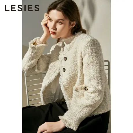 蓝色倾情 2022秋女装新款 两色入洋气拉毛短款小香亮丝绵羊毛外套图片