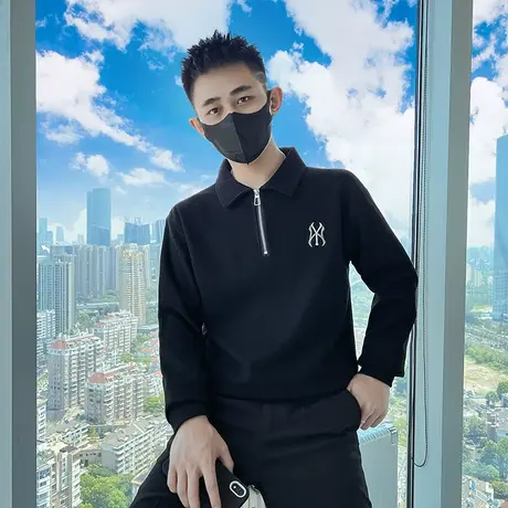 春秋季新款半拉链套头翻领卫衣男韩版潮牌ins刺绣休闲长袖体恤图片