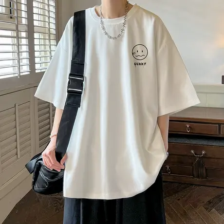 白色短袖t恤男夏季华夫格T恤男短袖五分半袖男青少年港风T恤宽松商品大图