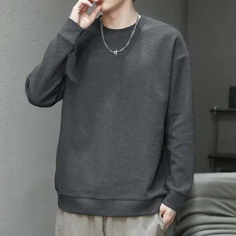 华夫格重磅卫衣男士秋冬款保暖加绒加厚圆领套头无帽纯色长袖t恤商品大图