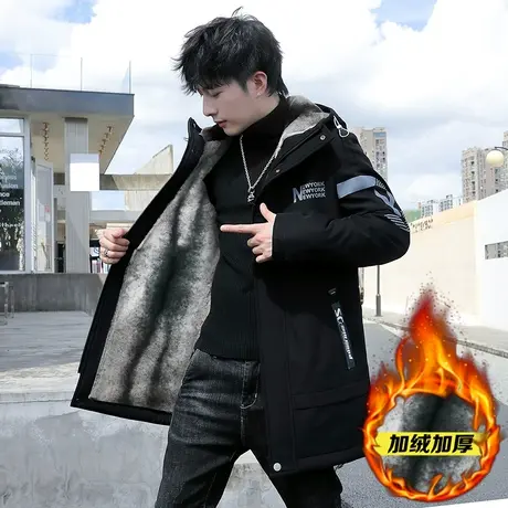 派克服男冬季加绒外套男士加厚连帽棉衣潮流风衣男装上衣保暖夹克图片