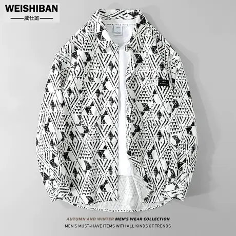 2023春秋季民族风花色翻领衬衫式外套美式原宿风宽松休闲长袖衬衣商品大图