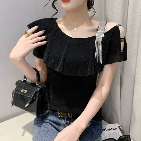 欧货网纱荷叶边上衣女2024夏季新款性感镂空露肩T恤短袖紧身小衫商品大图