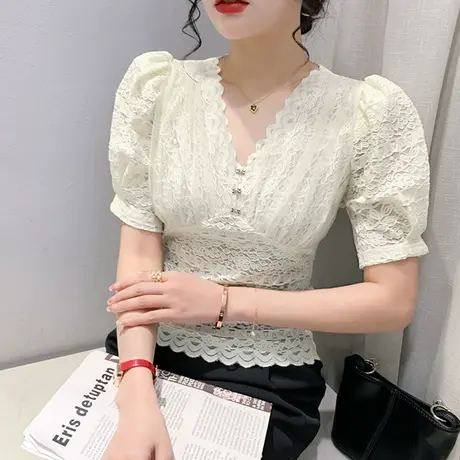 欧货泡泡袖蕾丝衫女夏2024新款性感V领小衫气质高腰紧身上衣短袖图片