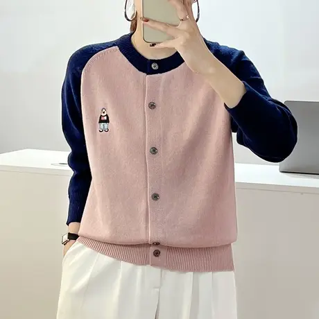 2024春季新款圆领拼色小熊针织开衫长袖小个子棒球服宽松百搭上衣商品大图