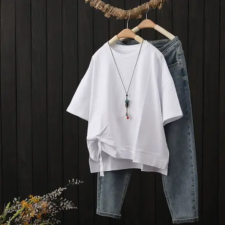 纯棉短袖t恤衫女夏季2023新款下摆开叉纽扣宽松显瘦上衣半袖体恤商品大图