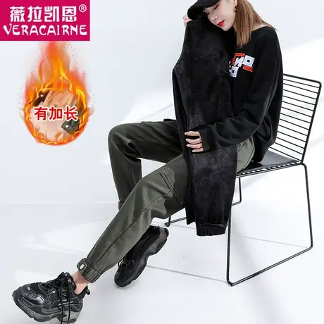 加长工装裤女加绒宽松束脚秋冬新款显瘦高腰高个子运动休闲裤大码图片