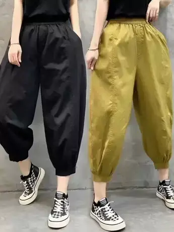 2023夏季新款宽松女士舒适简约高腰松紧腰阔腿薄款九分萝卜灯笼裤商品大图