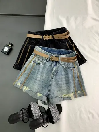 水洗磨破翻边牛仔短裤女2023夏季新款显瘦百搭高腰A字宽松阔腿裤商品大图