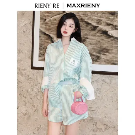 RIENYRE夏季新品抽褶假日法式条纹清新绿A字宽松短裤阔腿裤女图片
