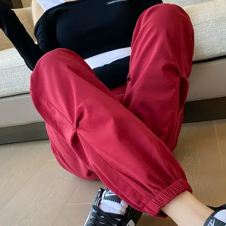 红色美式工装裤女春秋装2024年新款高腰运动束脚哈伦萝卜休闲裤子商品大图