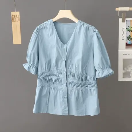 V领短袖衬衫女2024夏装新款宽松百搭收腰显瘦女装上衣洋气衬衣潮图片