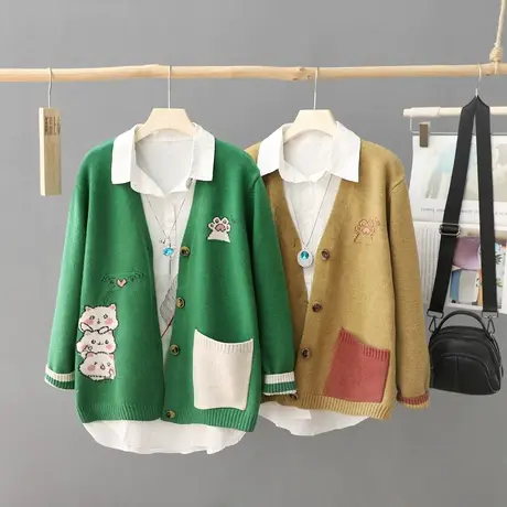 文艺范秋季女装长袖开衫毛衣休闲针织衫厚外套女大码宽松休闲上衣图片