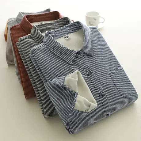 保暖条纹衬衫女2023年秋冬新款加绒加厚打底长袖上衣宽松休闲衬衣商品大图