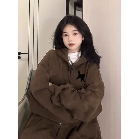 oversize卫衣女2023秋冬季小个子高级感上衣连帽加绒加厚开衫外套商品大图