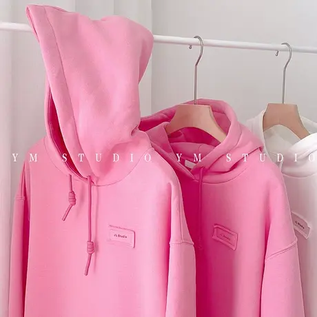 桃粉色卫衣女加绒加厚2021秋冬新款韩版宽松百搭设计感小众上衣潮商品大图