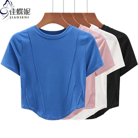 夏季新款韩版圆领纯棉纯色修身显瘦短款纯欲短袖体恤上衣女打底衫商品大图