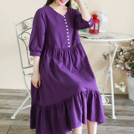 胖妹妹2025夏季新款复古气质小V领紫色油画连衣裙200斤女商品大图