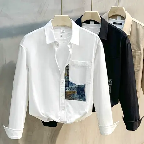 日系贴布衬衫男长袖韩版潮流帅气宽松衬衣春秋季休闲男装外套寸衫商品大图