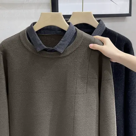 假两件毛衣男士提花ins潮流衬衫领秋冬季打底针织衫外套男装线衣商品大图