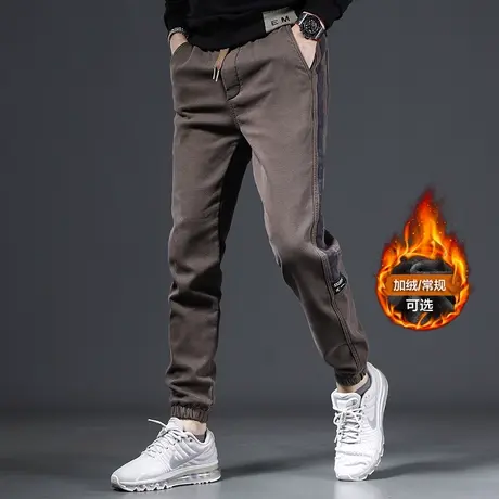 休闲裤男秋冬季加绒加厚2022年新款驼色修身束脚保暖弹力男士裤子商品大图