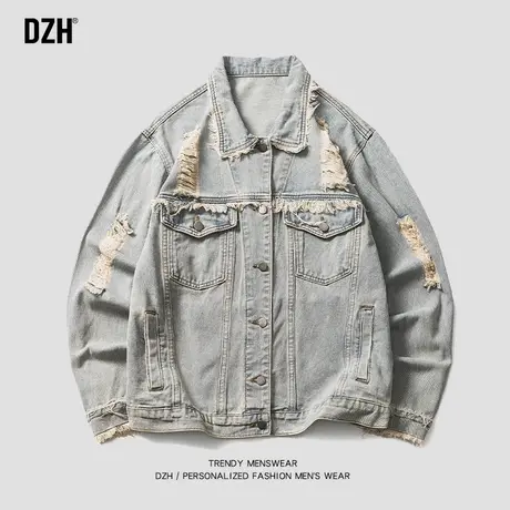 男士浅蓝色破洞牛仔外套男高级感痞帅工装美式夹克春秋款2023新款商品大图