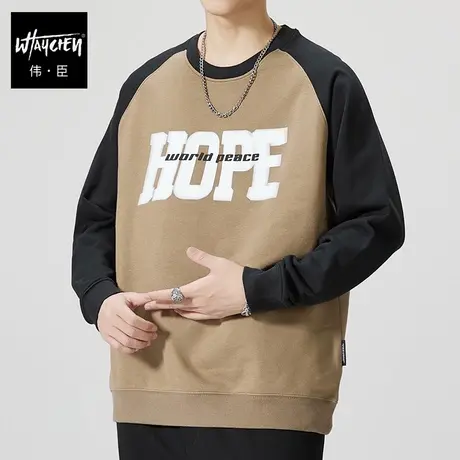 伟臣秋冬新品大码男装圆领卫衣男胖子加肥加大印花休闲拼色上衣男商品大图