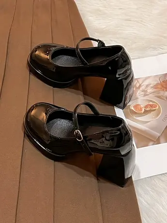 黑色玛丽珍高跟鞋女春秋单鞋2024新款复古法式粗跟圆头浅口小皮鞋图片