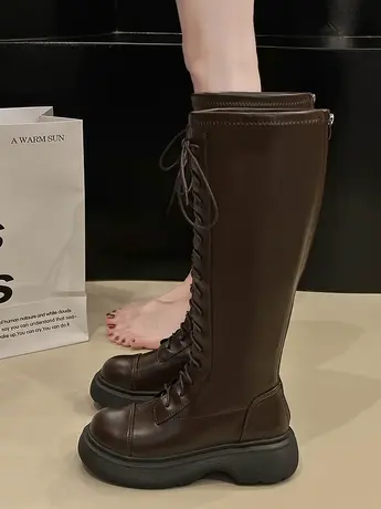 黑色长筒靴女2023年秋冬新款小个子不过膝骑士靴厚底高筒瘦瘦长靴商品大图