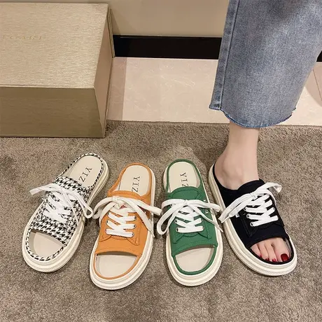 网红帆布半拖鞋女夏ins潮2024新款韩版外穿懒人休闲凉拖时尚爆款图片