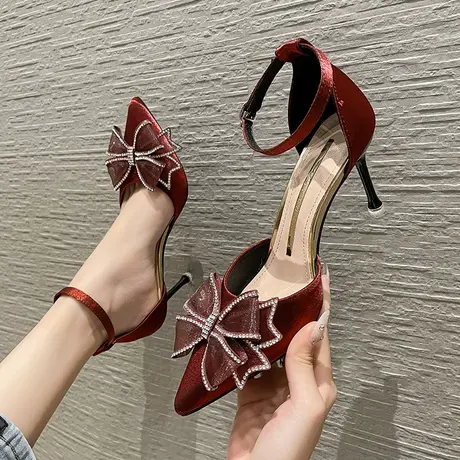 蝴蝶结水钻高跟鞋女细跟2024年夏季新款仙女风尖头百搭一字带单鞋图片