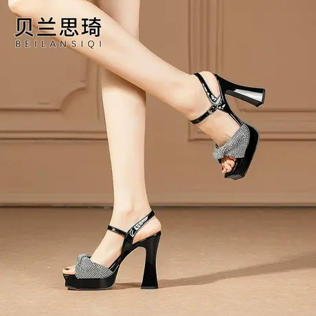 真皮一字带水钻防水台高跟凉鞋女2023夏季新款厚底粗跟鱼嘴凉鞋商品大图