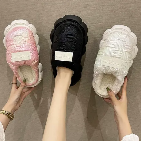 踩屎感防水棉拖鞋女冬季外穿室内家居家加绒保暖厚底高跟防滑拖鞋商品大图