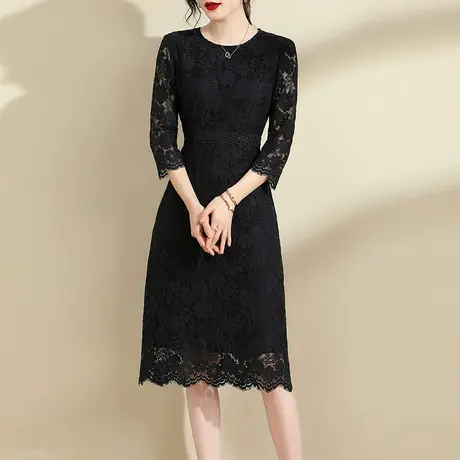 【1件7.9折】新款春装优雅蕾丝连衣裙时尚修身收腰百搭藏青打底裙图片