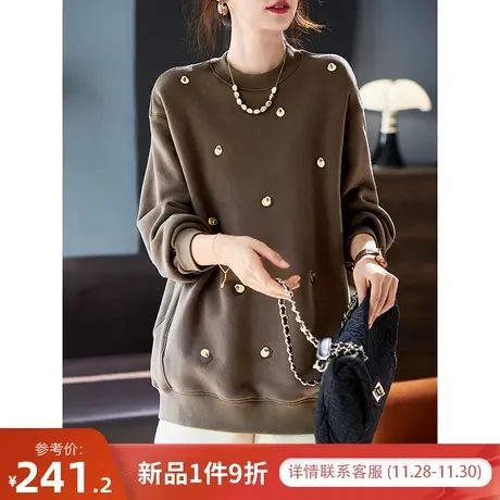 宝诗黎圆领钉珠棉质宽松加绒卫衣女落肩长袖T恤上衣秋冬2023新款商品大图