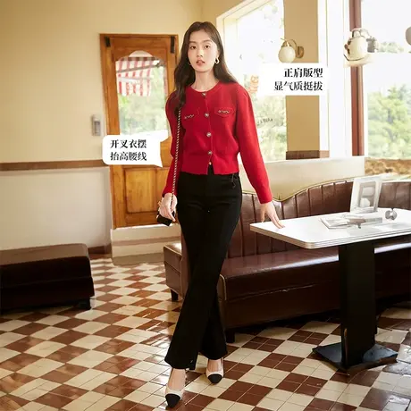 【直播间】香影小香风针织衫女2023秋冬新款红色开衫外套小个子商品大图