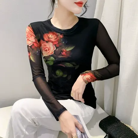 欧货复古性感网纱加绒打底衫女长袖时尚印花洋气内塔上衣修身T恤商品大图