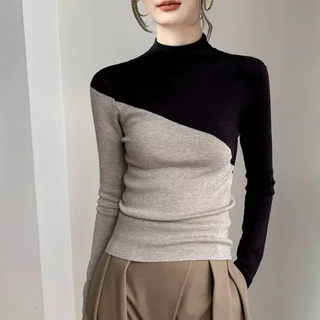 半高领拼色打底衫女2023秋冬新款拼接羊毛长袖中领内搭针织衫薄款商品大图