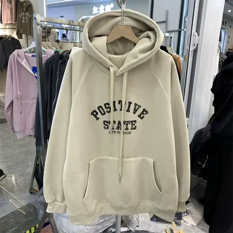 冬季新款韩版宽松显瘦连帽加绒卫衣女ins中长款字母印花超火外套商品大图