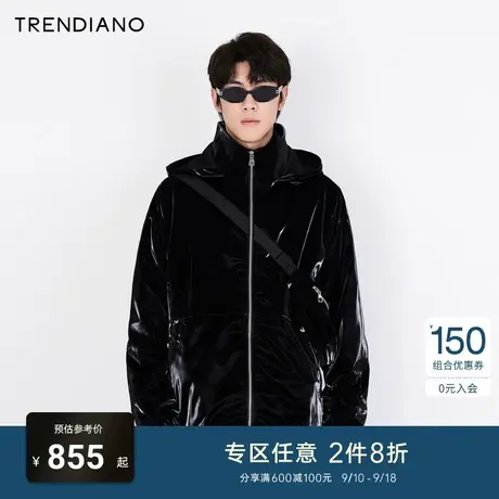 TRENDIANO潮牌新款春季亮面鲨鱼皮配挎包抽绳连帽休闲外套男商品大图