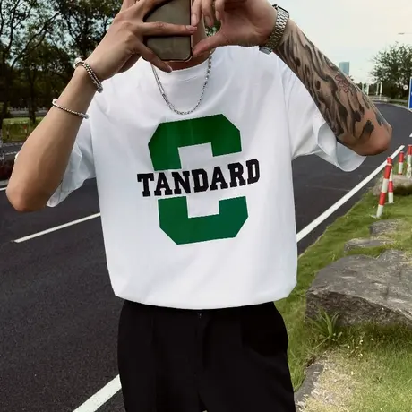 夏季男士简约字母短袖T恤网红潮牌微阔宽松学生半截袖日系ins体恤图片