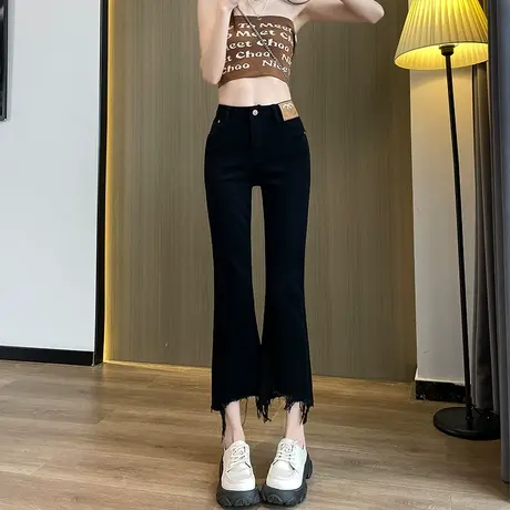 断码清仓不退不换黑色微喇牛仔裤女2023新款小个子显瘦毛边喇叭裤商品大图