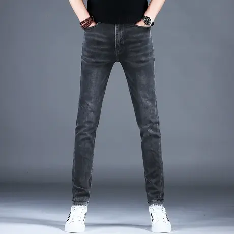 男士新款牛仔裤子简约黑灰色修身美式小脚裤2023冬季男潮牌弹力裤图片