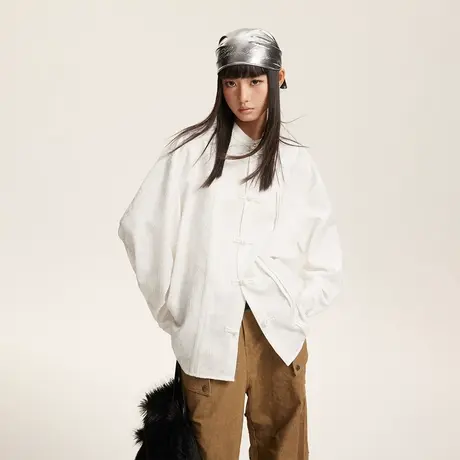 国潮新中式白色衬衫女春秋2025年新款立领宽松衬衣情侣装国风上衣商品大图