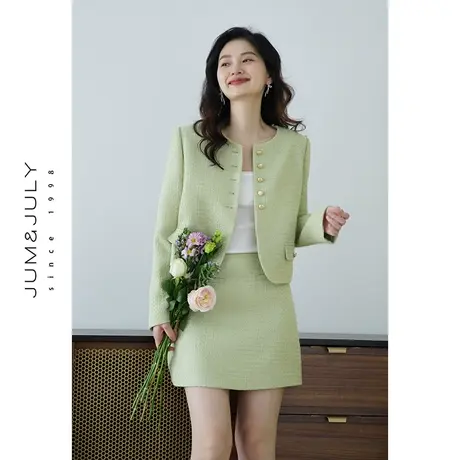 嘉茱莉2025春季新款羊毛小香风外套女半裙套装圆领短款上衣短外套图片