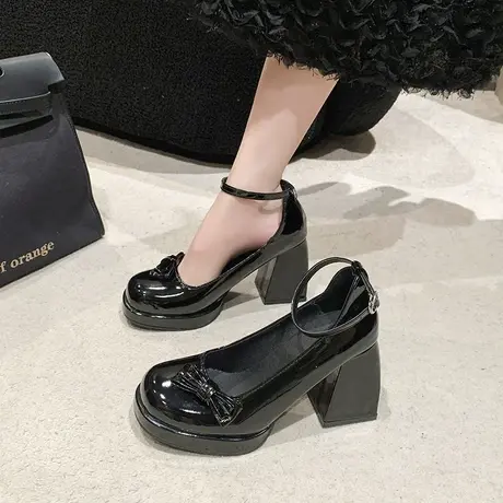 法式粗跟玛丽珍鞋女2024新款时尚蝴蝶结浅口单鞋英伦风百搭高跟鞋图片