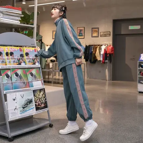 【清仓直降】撞色加绒加厚卫衣冬季运动休闲套装女新款时尚两件套商品大图